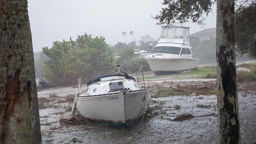 Perahu-perahu terdampar akibat Badai Milton di St. Petersburg, Florida, AS, Rabu (9/10/2024). (Tristan Wheelock/Bloomberg)