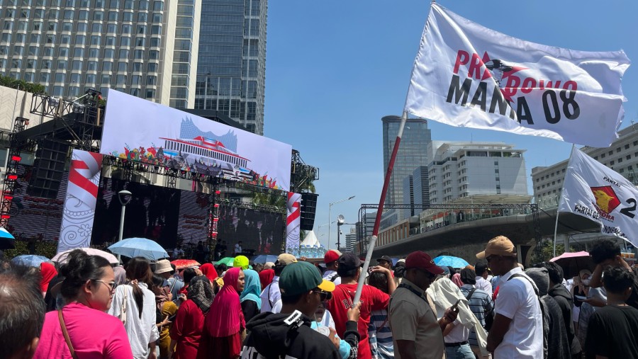 Panggung Pesta Rakyat di JL. MH Thamrin pada hari pelantikan Presiden Prabowo Subianto, Minggu (20/10/2024)./Bloomberg Technoz-M. Fikri