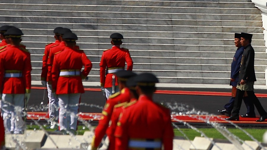 Upacara pisah sambut ini menjadi momen terkahir Jokowi berkantor di Istana Negara. (Bloomberg Technoz/Andrean)