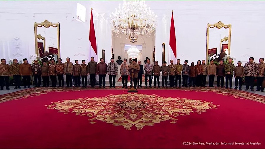 Presiden Prabowo Subianto mengumumkan menteri negara dalam pemerintahan periode 2024-2029. (Tangkapan Layar Youtube Setpres)