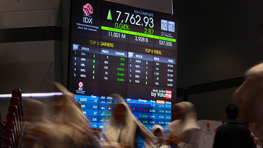 Pelajar di depan layar indeks harga saham gabungan (IHSG) di Bursa Efek Indonesia (BEI), Senin (21/10/2024). (Bloomberg Technoz/Andrean Kristianto)