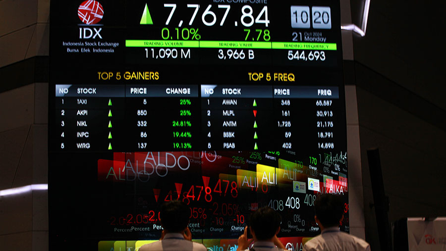 Pelajar memfoto layar indeks harga saham gabungan (IHSG) di Bursa Efek Indonesia (BEI), Senin (21/10/2024). (Bloomberg Technoz/Andrean Kristianto)