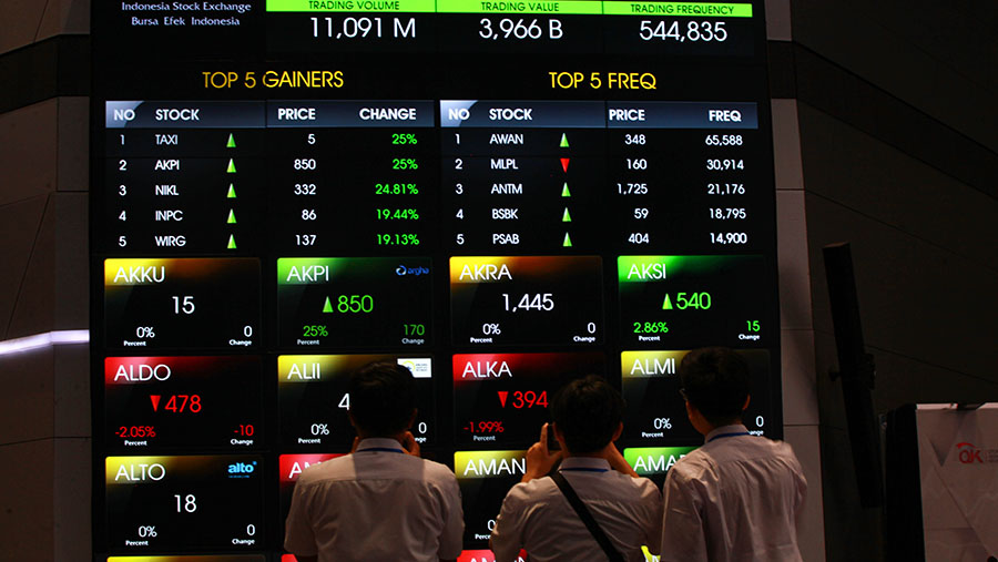 Pelajar memfoto layar indeks harga saham gabungan (IHSG) di Bursa Efek Indonesia (BEI), Senin (21/10/2024). (Bloomberg Technoz/Andrean Kristianto)