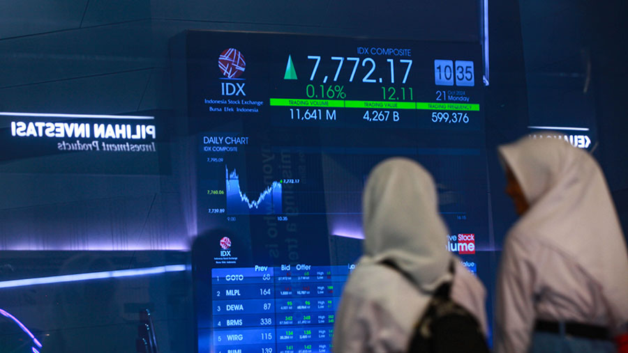 Pelajar melihat layar pergerakan harga saham (IHSG) di Bursa Efek Indonesia (BEI), Senin (21/10/2024) (Bloomberg Technoz/Andrean Kristianto)