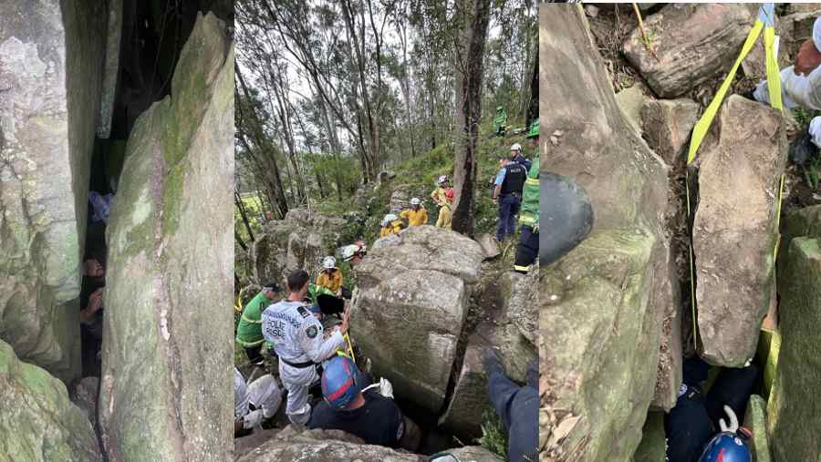 Perempuan di Australia berusaha mengambil iPhone yang terjatuh, namun justru mengakibatkan dia terjebak di celah batu besar. (NSW Ambulance)