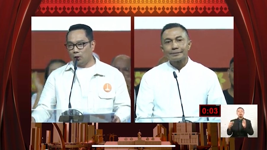 Cagub Ridwan Kamil dan Cagub Dharma Pongrekun saat debat kedua di Jakarta. Minggu (27/10/2024). (Youtube KPU PROVINSI DKI JAKARTA)
