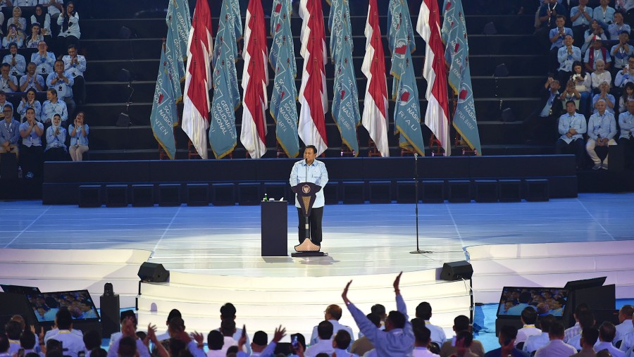 Presiden Prabowo Subianto memberikan pidato di deklarasi Gerakan Solidaritas Nasional