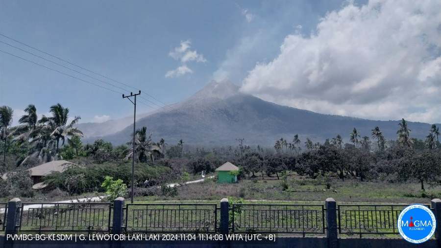 Aktivitas vulkanik Gunung Lewotobi Laki-laki yang terletak di Kabupaten Flores Timur terbaru, Senin (4/11/2024) siang. (Dok: Aplikasi Magma ESDM)