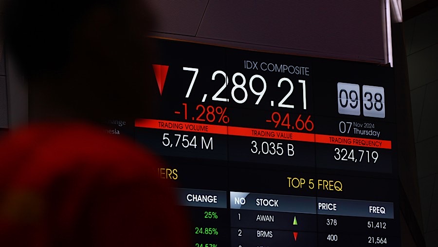 Karyawan di depan layar indeks harga saham gabungan (IHSG) di Bursa Efek Indonesia (BEI), Kamis (7/11/2024). (Bloomberg Technoz/Andrean Kristianto)