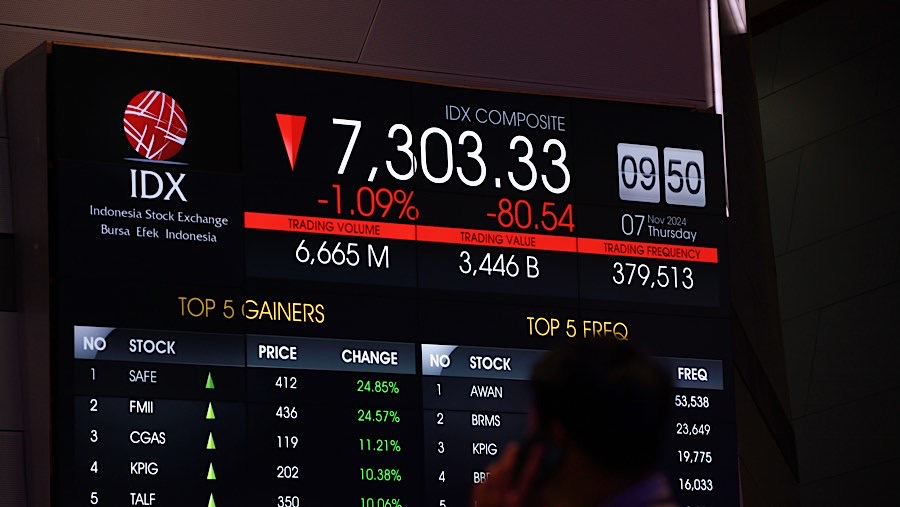 Karyawan di depan layar indeks harga saham gabungan (IHSG) di Bursa Efek Indonesia (BEI), Kamis (7/11/2024). (Bloomberg Technoz/Andrean Kristianto)