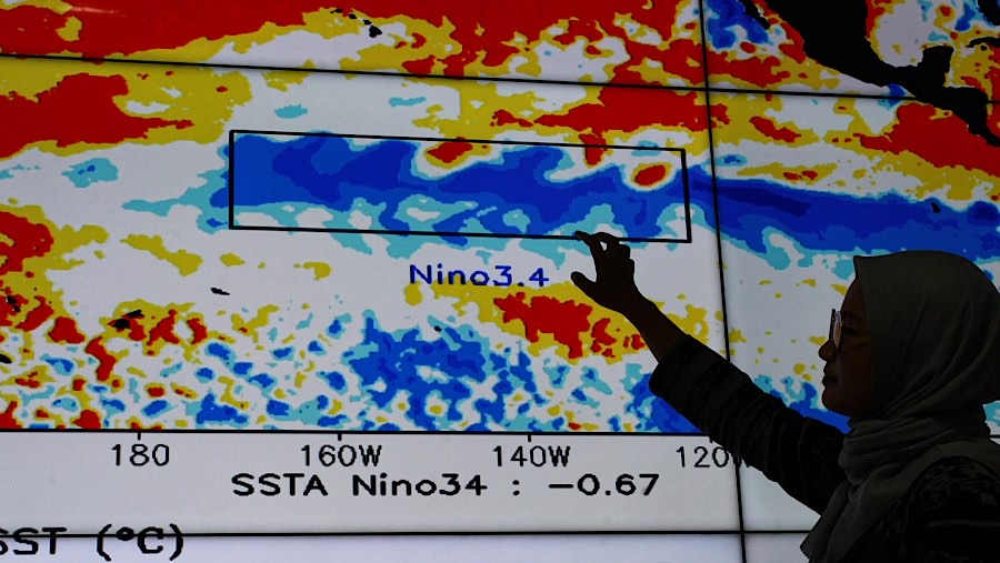 Petugas memantau monitor citra satelit cuaca el nino di Gedung BMKG, Jakarta, Jumat (8/11/2024). (Bloomberg Technoz/Andrean Kristianto)