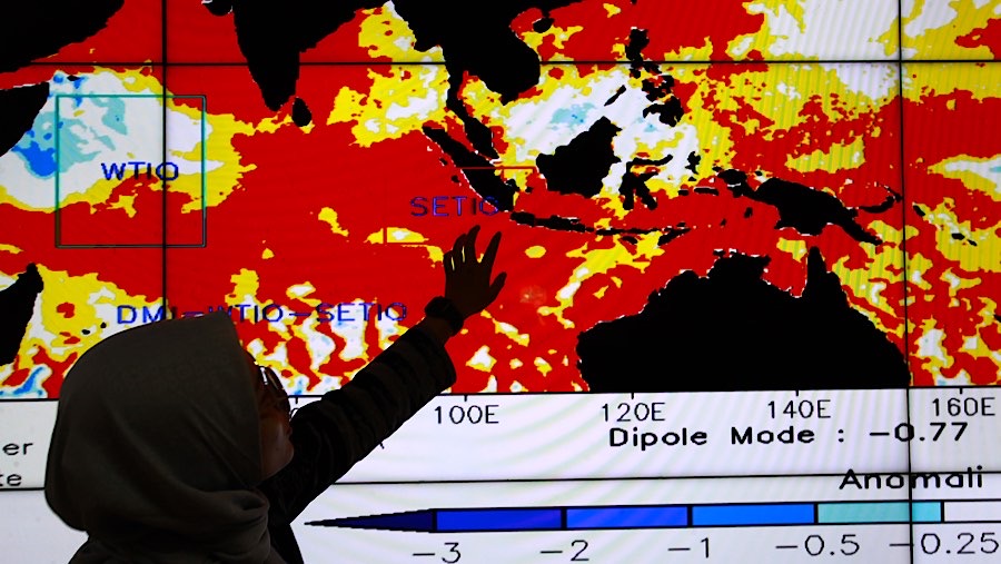 Petugas memantau monitor citra satelit cuaca di Gedung BMKG, Jakarta, Jumat (8/11/2024). (Bloomberg Technoz/Andrean Kristianto)