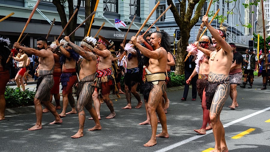 Demo tersebut juga diikuti pejuang Maori yang mengenakan pakaian tradisional. (Mark Coote/Bloomberg)