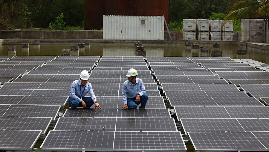 Petugas mengecek panel surya terapung milik Krakatau Chandra Energi di Cilegon, Banten, Selasa (19/11/2024). (Bloomberg Technoz/Andrean Kristianto)