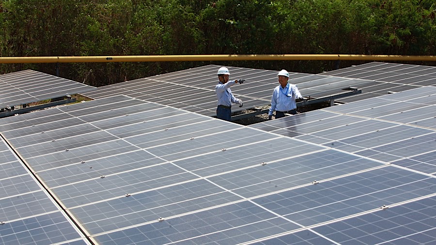 Petugas mengecek panel surya milik Krakatau Chandra Energi di Cilegon, Banten, Selasa (19/11/2024). (Bloomberg Technoz/Andrean Kristianto)
