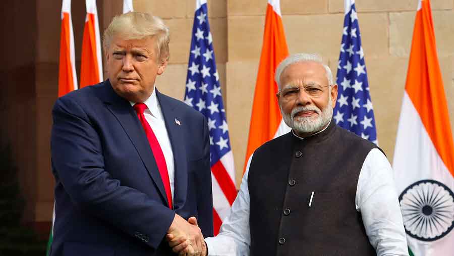 Donald Trump saat bertemu Narendra Modi di Hyderabad House, New Dehli, India, tahun 2020. (Bloomberg Mercury)