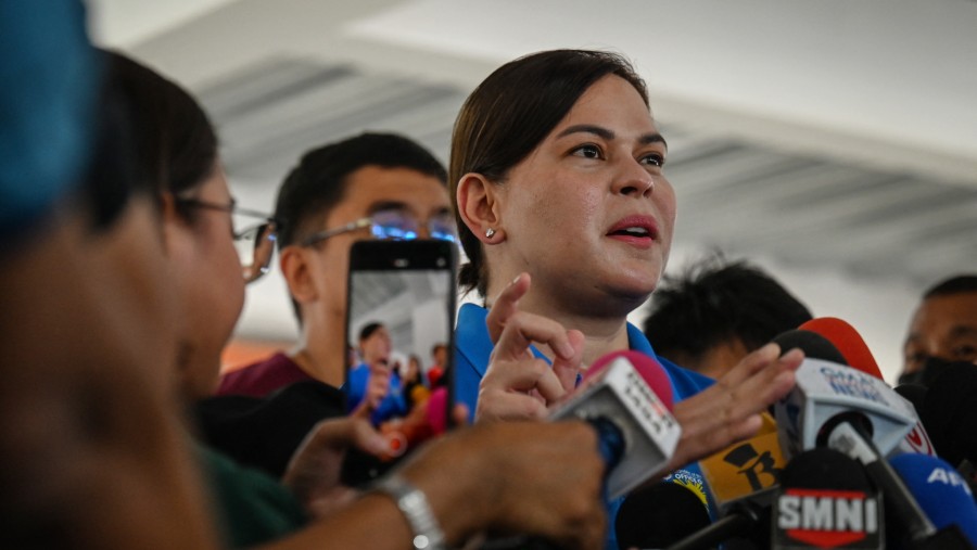 Sara Duterte menyampaikan konferensi pers di Quezon City, Metro Manila, pada 26 November 2024. Sumber: Bloomberg Mercury