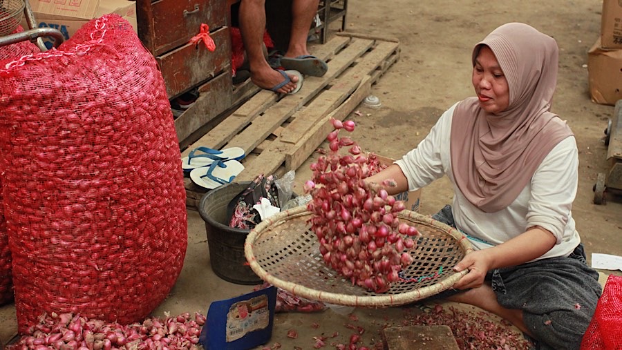 Pekerja membersihkan bawang merah di Pasar Induk, Kramat Jati, Senin (2/12/2024). (Bloomberg Technoz/Andrean Kristianto)
