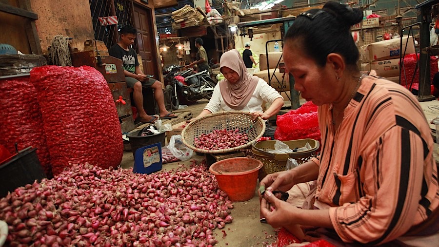 Pekerja mengupas bawang merah di Pasar Induk, Kramat Jati, Senin (2/12/2024). (Bloomberg Technoz/Andrean Kristianto)
