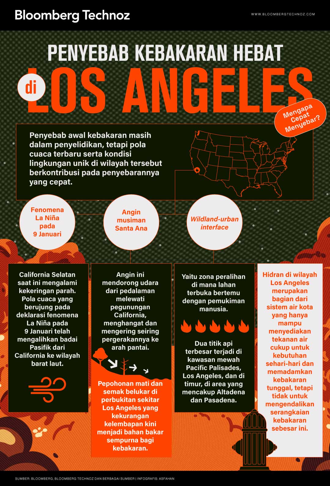 Penyebab Kebakaran Hebat di Los Angeles, Mengapa Cepat Menyebar? (Bloomberg Technoz/Asfahan)