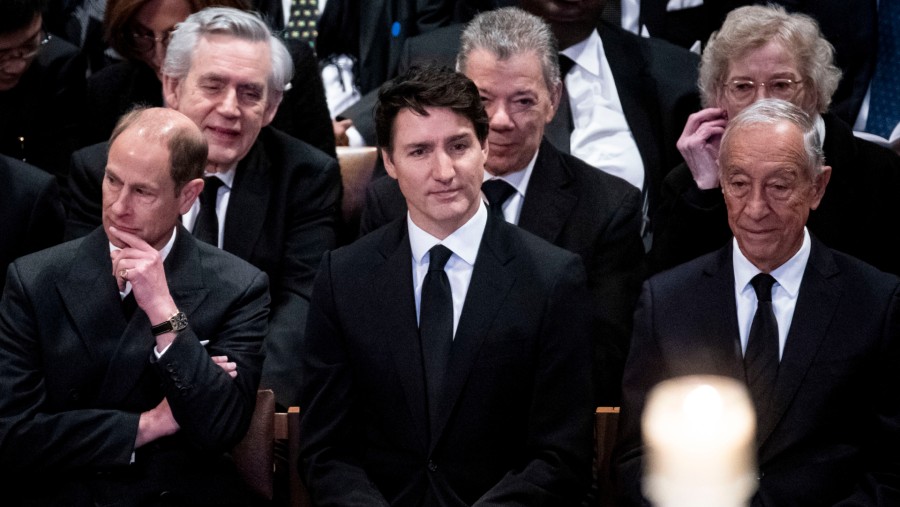 PM Kanada Justin Trudeau saat upacara pemakaman mendiang mantan Presiden AS Jimmy Carter. (Al Drago/Bloomberg)