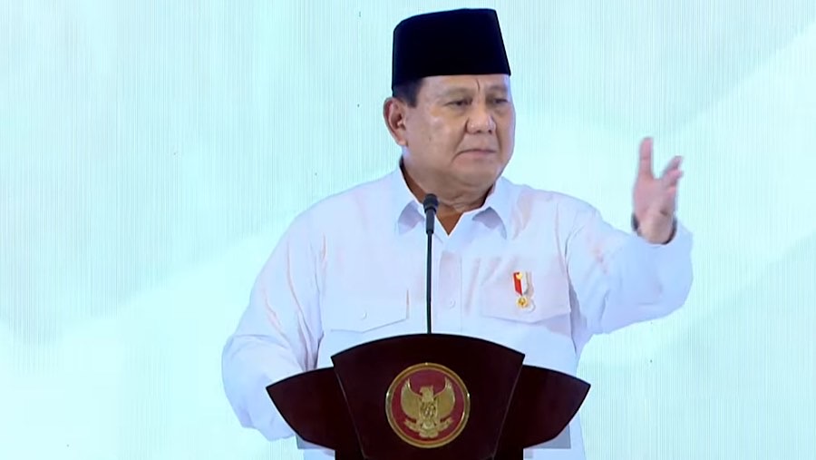 Presiden Prabowo Subianto saat Munas Konsolidasi Persatuan Kadin Indonesia. (Tangkapan Layar Youtube Setpres)