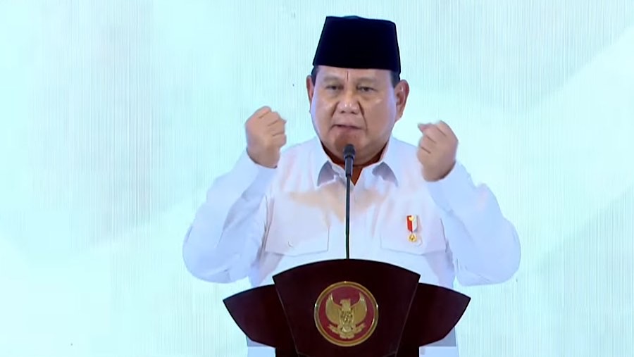 Presiden Prabowo Subianto saat Munas Konsolidasi Persatuan Kadin Indonesia. (Tangkapan Layar Youtube Setpres)