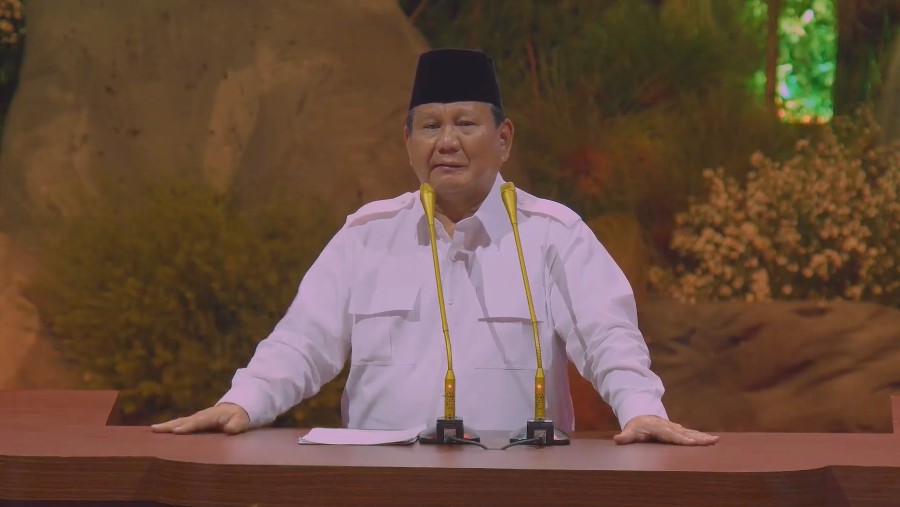 Prabowo dalam pidato politk HUT Gerindra di Sentul International Convention Center (SICC), Bogor, Sabtu (15/2). (Sumber: Tangkapan Layar Gerindra)