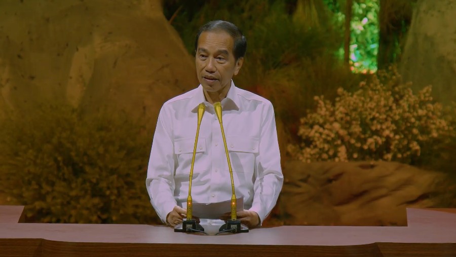 Jokowi saat berpidato di HUT Gerindra di Sentul International Convention Center (SICC), Bogor, Sabtu (15/2). (Sumber: Tangkapan Layar Gerindra TV)
