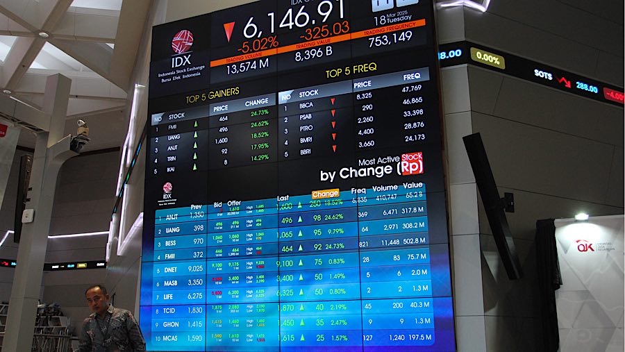 Karyawan di depan layar indeks harga saham gabungan (IHSG) di Bursa Efek Indonesia (BEI), Selasa (18/3/2025). (Bloomberg Technoz/Andrean Kristianto)