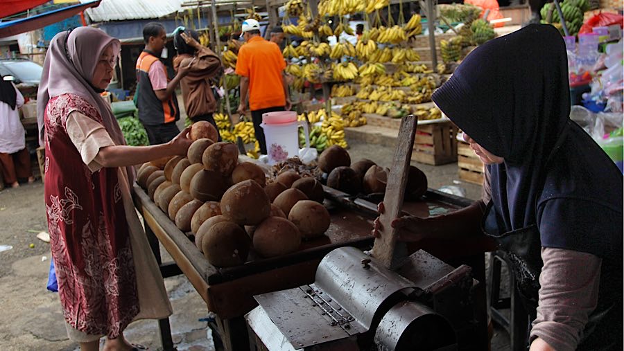 Pembeli memilih kelapa parut di Pasar Minggu, Jakarta, Kamis (17/4/2025). (Bloomberg Technoz/Andrean Kristianto)