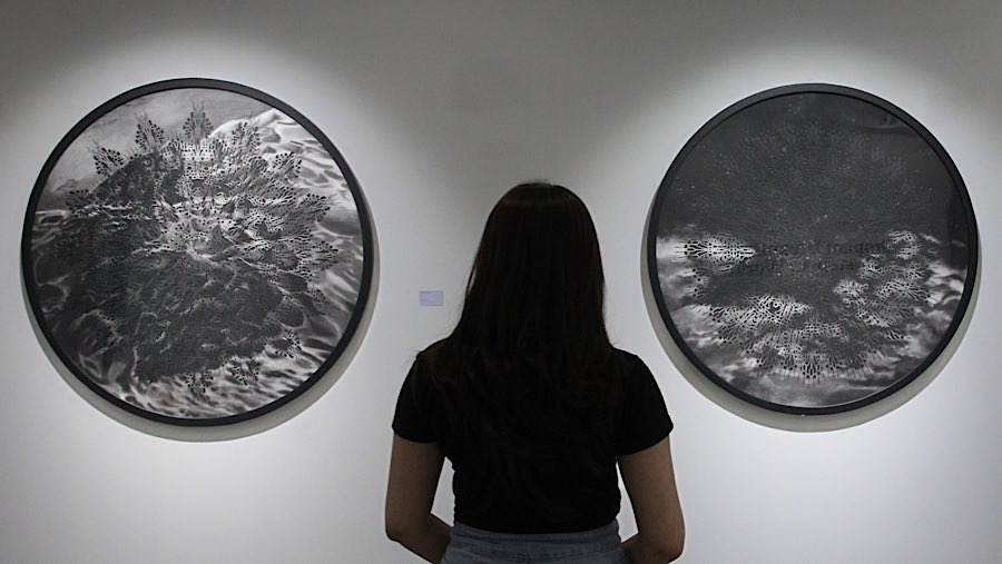 Pengunjung melihat karya seni yang dipamerkan di Neo Gallery, Jakarta Pusat, Jumat (9/5/2025). (Bloomberg Technoz/Andrean Kristianto)