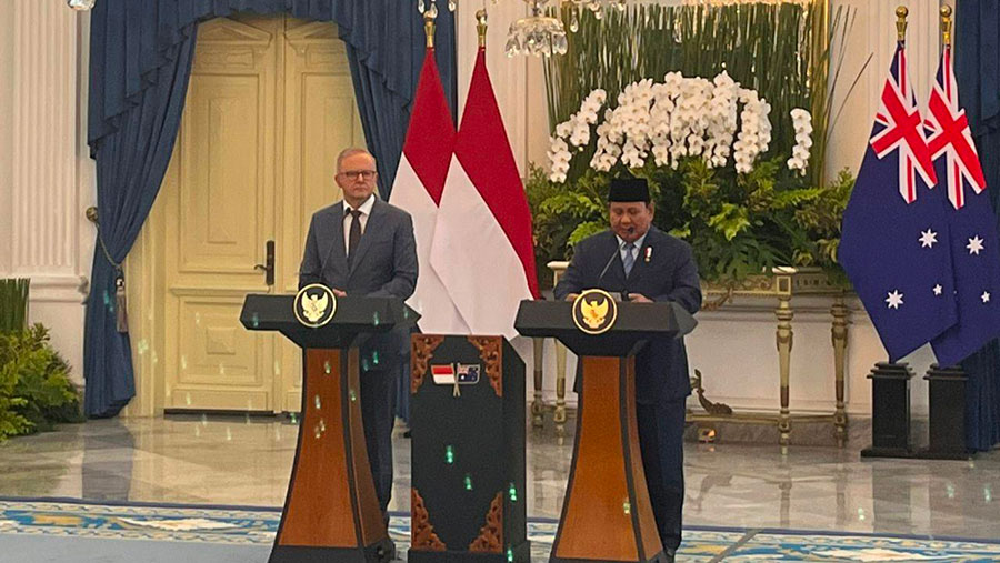 Presiden Prabowo Subianto dan PM Australia Anthony Albanese di Istana Negara. (Bloomberg Technoz/Azura Yumna)