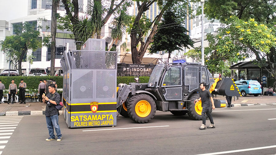 Situasi di sekitar Patung Kuda jelang aksi demo ojek online, Selasa (20/5/2025). (Ibnu Affan/Bloomberg Technoz)