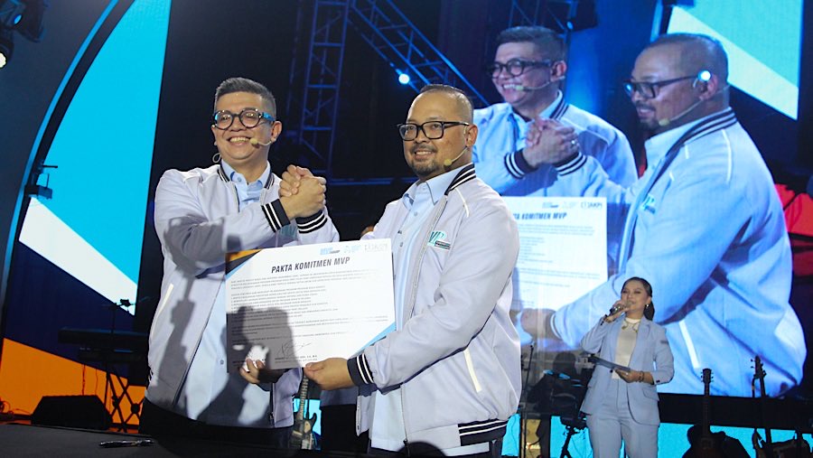 Deklarasi Patrick Nagel dan Harvardy Muhammad Iqbal sebagai Ketum dan Sekjen AKPI periode 2025–2028. (Bloomberg Technoz/Andrean Kristianto)