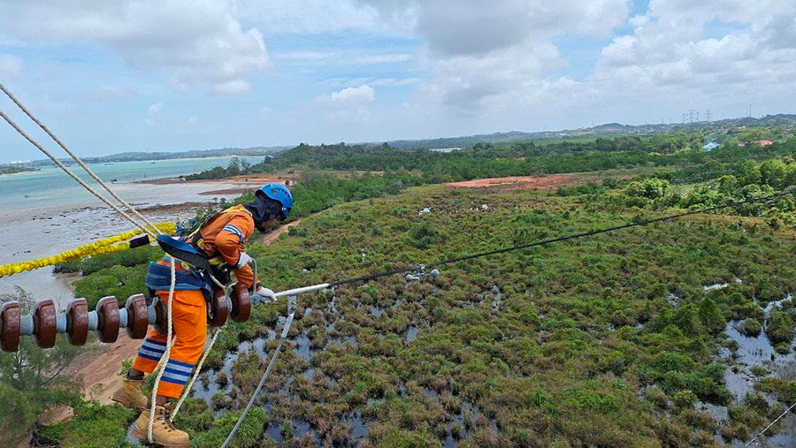 Petugas PLN tengah melakukan pemeliharaan jaringan transmisi Saluran Udara Tegangan Tinggi (SUTT) 150 kiloVolt (kV) (Dok. PLN)