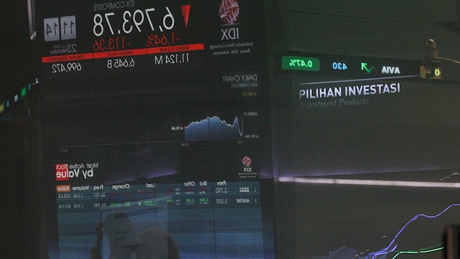 Karyawan di depan layar indeks harga saham gabungan (IHSG) di Bursa Efek Indonesia (BEI), Senin (23/62025). (Bloomberg Technoz/Andrean Kristianto)