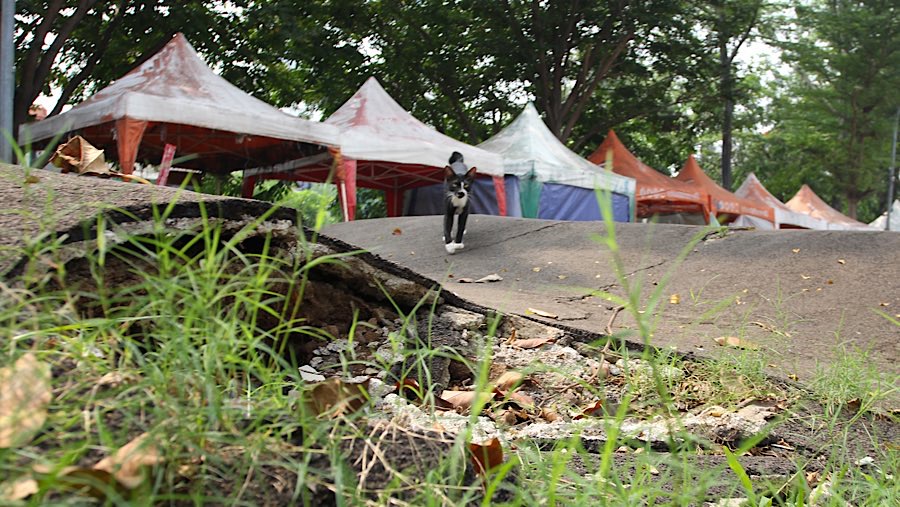 Kondisi RTH Kalijodo di area lintasan BMX terlihat aspal yang rusak yang berpotensi membahayakan warga. (Bloomberg Technoz/Andrean Kristianto)