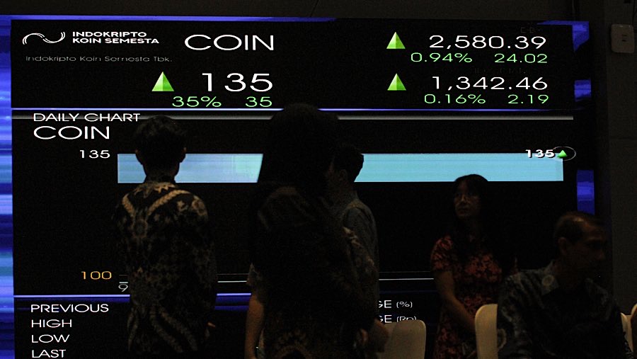 Karyawan melihat layar pergerakan saham COIN saat hari perdana pecatatan di BEI, Rabu (9/7/2025). (Bloomberg Tecnoz/Andrean Kristianto)
