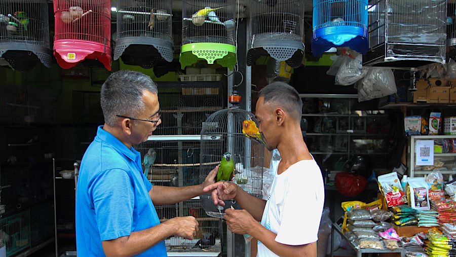 Pengunjung melihat satwa yang dijual di Pasar Hewan Barito, Jakarta, Rabu (9/7/2025). (Bloomberg Technoz/Andrean Kristianto)