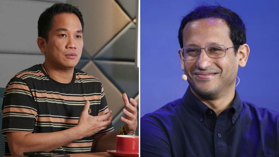 Eks CEO Go-Jek dan mantan Mendikbudristek Nadiem Makariem & Andre Soelistyo mantan CEO dan Komisaris GoTo. (Bloomberg)