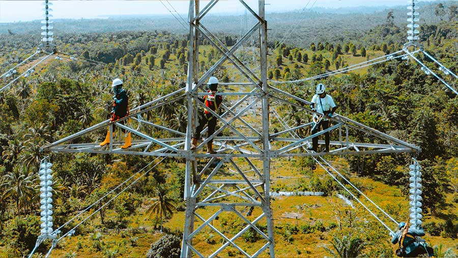 Petugas PLN sedang melakukan pengecekan akhir terhadap pekerjaan SUTT 15O kV Kolonedale - Bungku sebelum diberikan tegangan perdana (energize). (PLN)