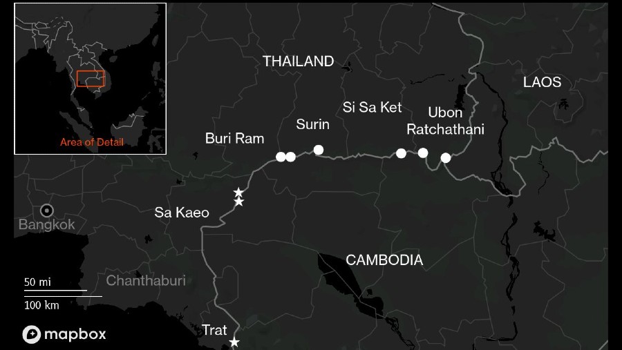 :Peta konflik Thailand dan Kamboja di perbatasan. (Bloomberg)	
