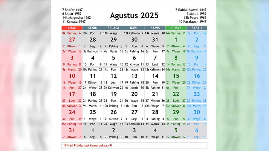 Ilustrasi kalender Jawa Agustus 2025 (Dok. Kalender Indonesia)