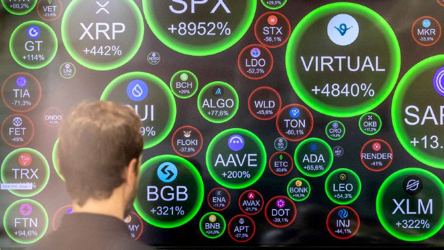 Ilustrasi koin digital kripto Bitcoin, Ether dalam ekosistem cryptocurrencies. (Bloomberg)
