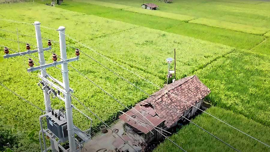 Jaringan Tegangan Menengah (JTM) 20 kilovolt (kV) PLN membentang di kawasan persawahan Desa Sukorejo, Ponorogo. (Dok. PLN)