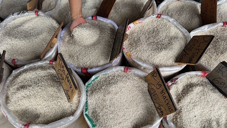 Calon pembeli memilih beras di Pasar Induk Beras, Cipinang, Jakarta, Rabu (14/8/2025). (Bloomberg Technoz/Andrean Kristianto)