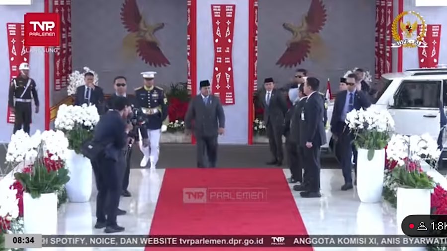 Presiden Prabowo Subianto tiba untuk pidato kenegaraan pada sidang tahunan MPR di Gedung DPR/MPR, Jumat (15/8/2025). (Youtube DPR)