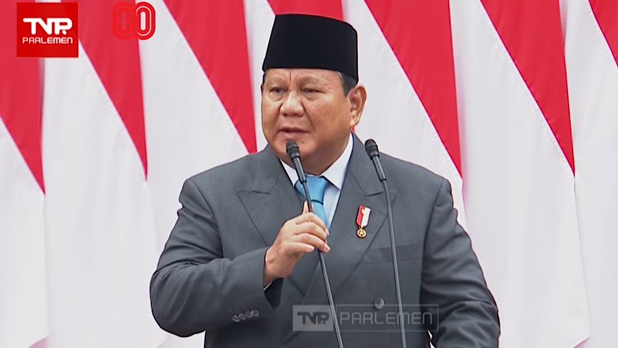 Presiden Prabowo Subianto memberikan pidato kenegaraan pada sidang tahunan MPR di Gedung DPR/MPR, Jumat (15/8/2025). (Youtube Setpres)
