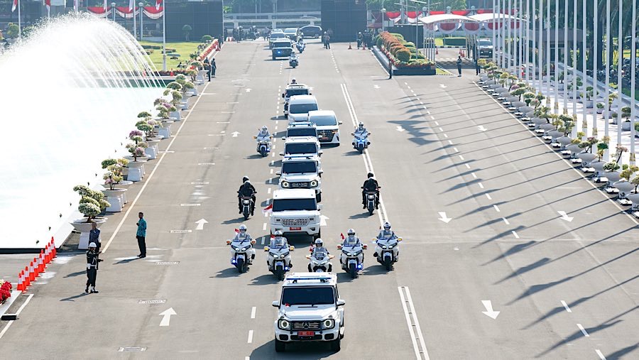 Iring-iringan Presiden Prabowo Subianto yang akan mengikuti sidang tahunan MPR di Gedung DPR/MPR, Jumat (15/8/2025). (. dok. Foto Parlemen MPR)